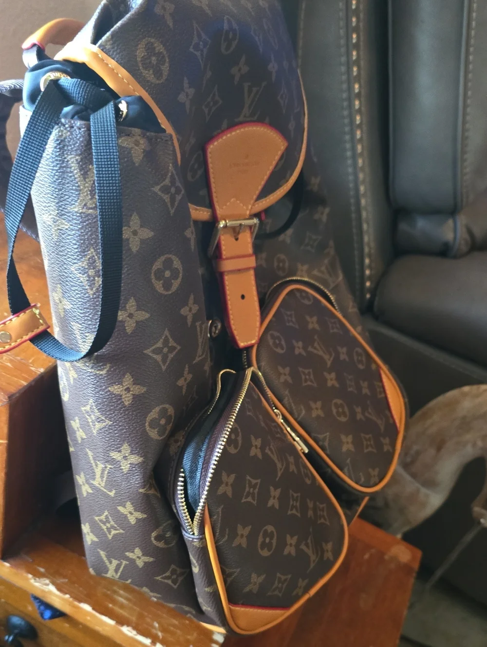 Louis Vuitton Brown Monogram Backpack with Tan Trim